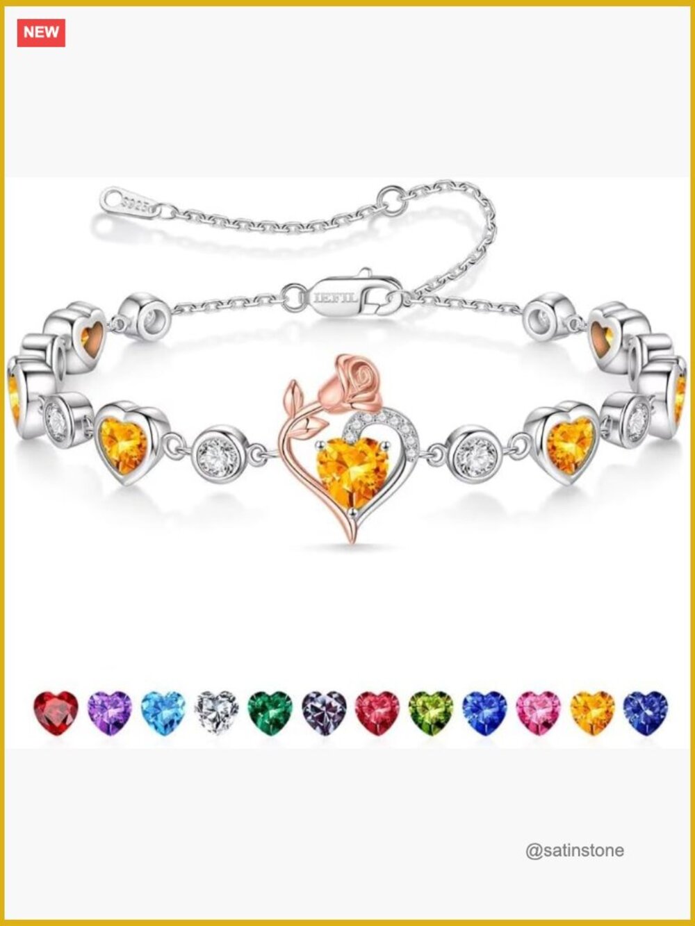 925 Sterling Silver Heart Birthstone Bracelet Charm, Link Chain for Women